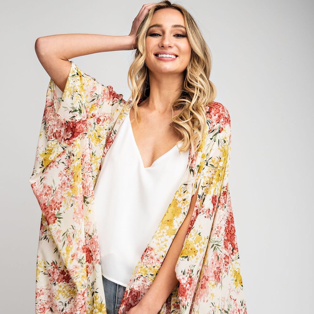 Floral Print Open Front Boho Kimono - Picture 4 of 4